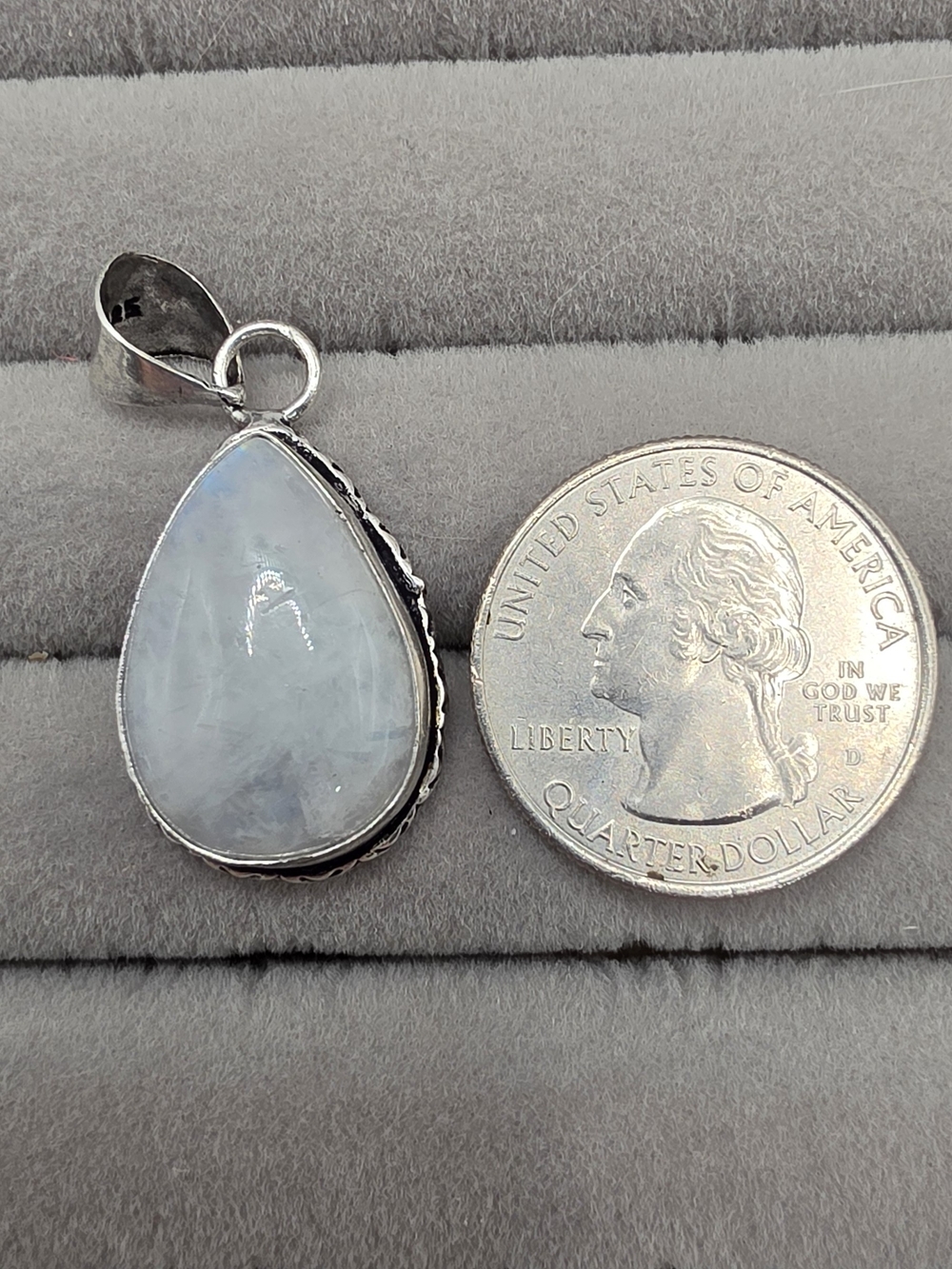 Silver Plated Teardrop Moonstone Pendant - Light Blue